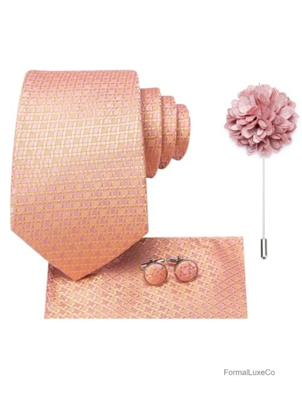 Silk Tie Set with Pocket Square, Lapel Pin, Cufflinks for Men's Wedding